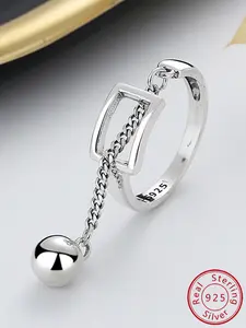 Women's S925 Silver Color Geometric Hollow Out Chain Ring, Casual Fashion Jewelry for Daily Wear, Elegant Design for Women, Statement Ring