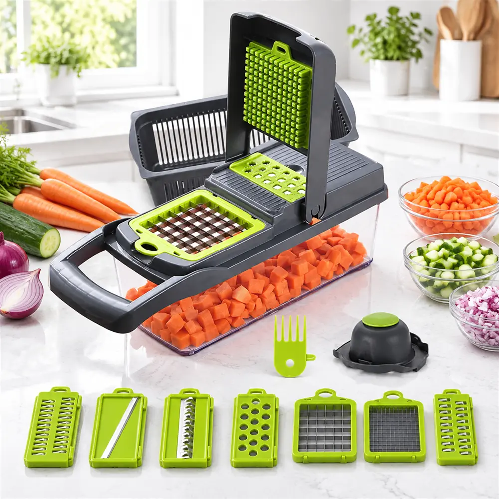Stainless Steel Minimalist Vegetable Chopper, 16-In-1 Kitchen Utensils Set with 7 Blades, Rotary Grater for Home Cooking Food Prep, Kitchen Gadgets