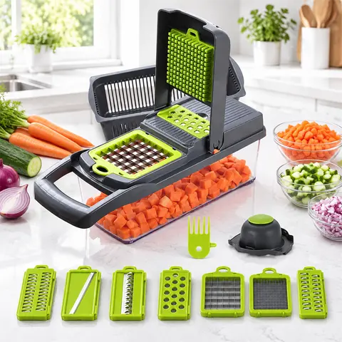Stainless Steel Minimalist Vegetable Chopper Cutter - 16-Function Kitchen Utensils Set for Beginners, 7 Blades, Durable Vegetable Slicer, Rotary Grater, Smooth ABS+Steel Food Prep Machine for Home Cooking