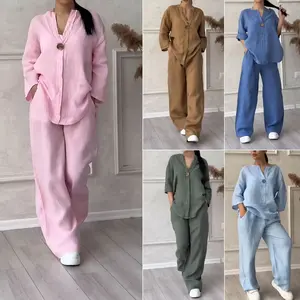 Women's 2-piece plus-size cotton-linen shirt set with high-waisted loose-fitting pants