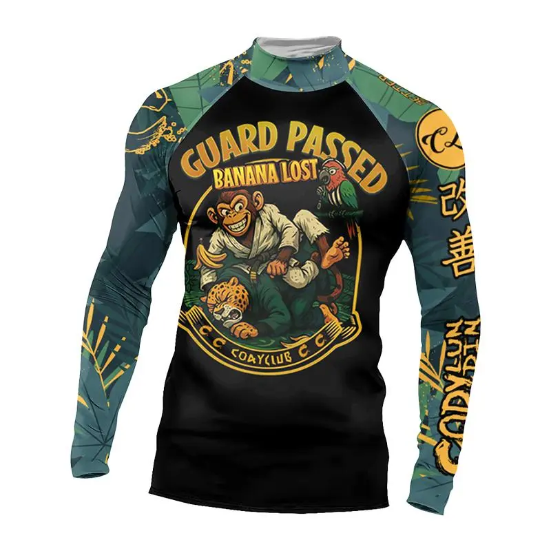Men's Rash Guard Set, 2-Piece Beast Print Compression T-Shirt and MMA Shorts, Polyester Blend with Sun Protection for BJJ, Martial Arts