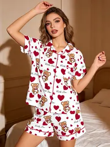 Women's Cute Bear Heart Print Pajama Set Two-Piece Button-Up Top and Shorts, Casual Homewear, Comfortable Wearable Sleepwear Short Sleeve