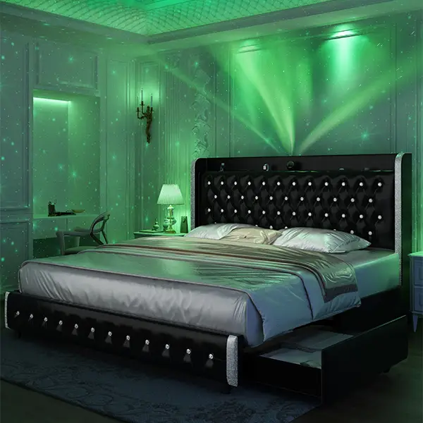 GEGOFORU Queen LED Bed Frame with Galaxy Projector, Bluetooth Speakers & USB Charging, 4 Storage Drawers, PU Leather Upholstered Headboard, Modern Sma