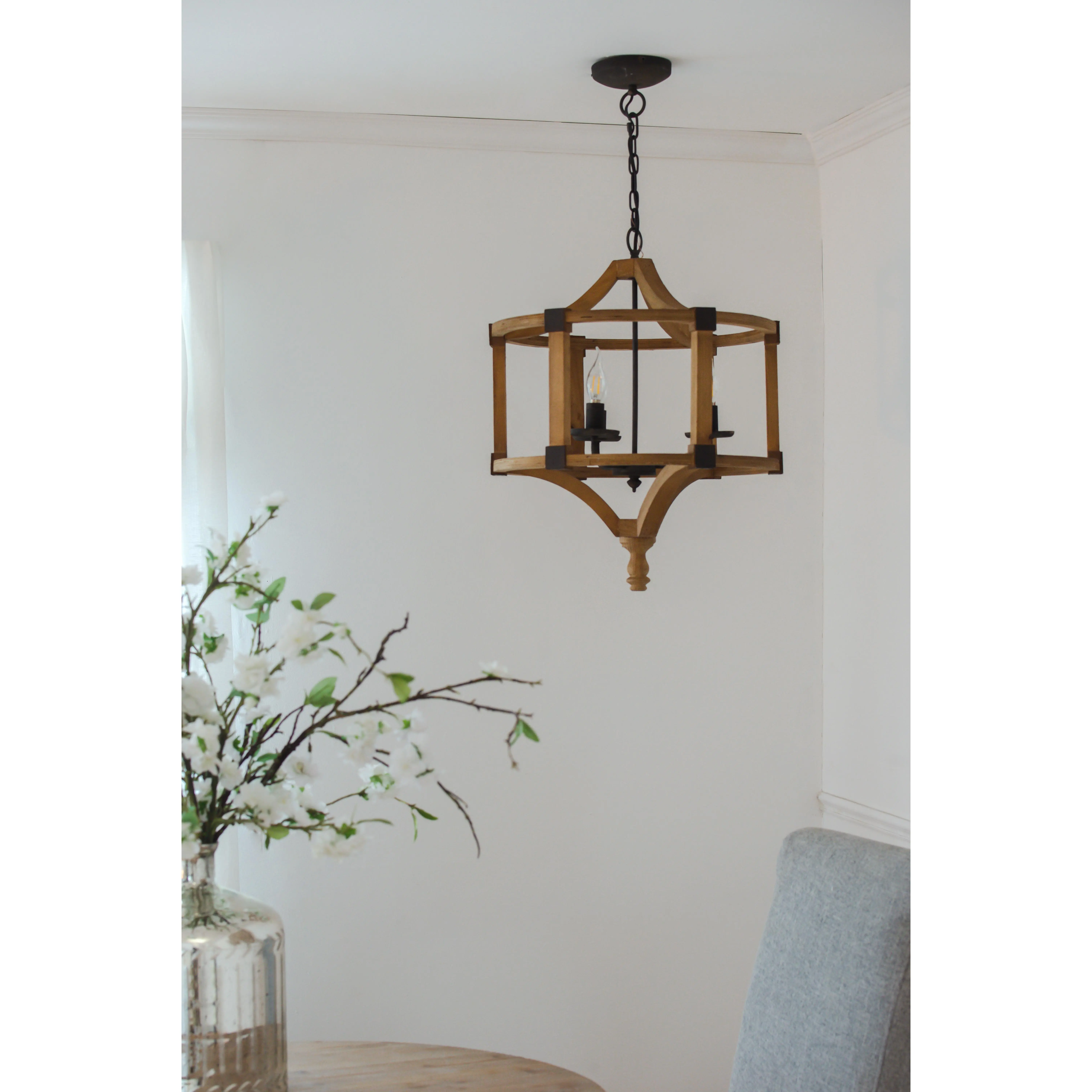 3-Light Wood Drum Chandelier Hanging Light Fixture with Adjustable Chain for Kitchen Dining Room Foyer Entryway Island Living Room Bedroom Hallway, Bulb Not Included, 3-Light Wood Drum Chandelier Hanging Light Fixture with Adjustable Chain