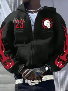 Men's Trendy Graphic Hoodie 'macabre 23', Main Color, Flame Skull Print, Loose Fit, Comfortable Soft Material, Casual Style