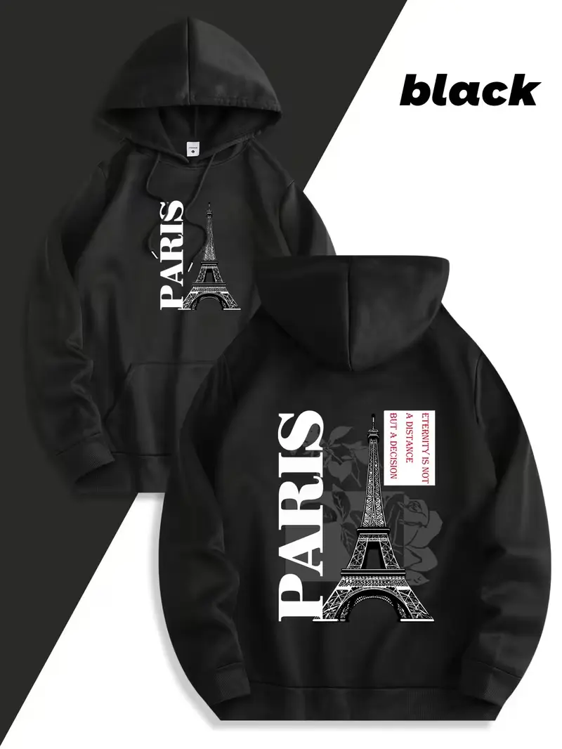 Paris Eiffel Tower Rose Double‑Sided Print Fleece Hoodie, Vintage City Travel Pullover Hooded Sweatshirt, Daily Holiday Gift