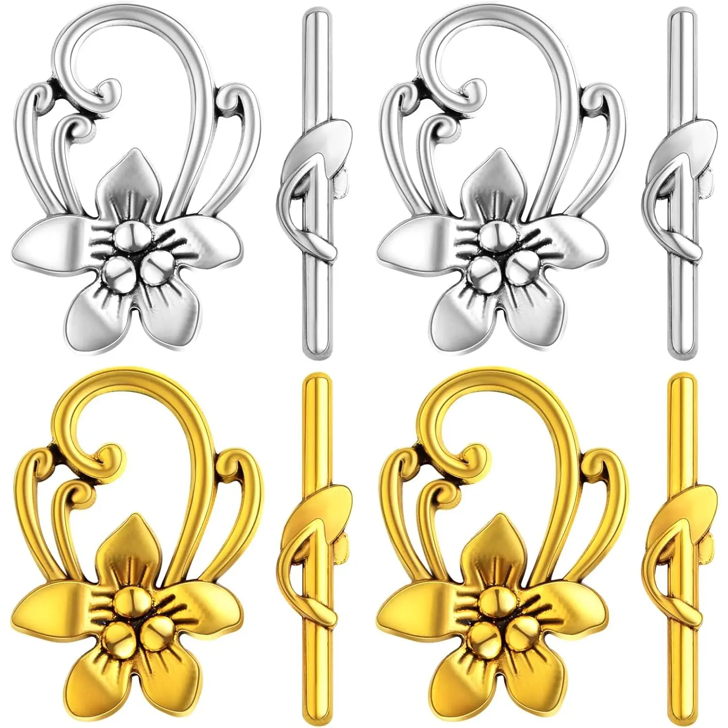 20 Set of Flower Shaped Toggle Clasps Vintage Alloy OT Toggle Buckle Connector Decorative Clasp Accessories for DIY Neckalce Bracelet Jewelry Craft Making, 2 Colors