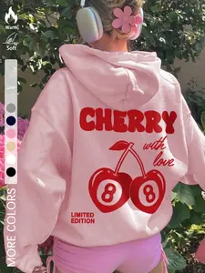 Women's Cherry CHERRY Print & Letter Print Regular Edition Drawstring Hoodie, a Casual Basic Long-Sleeved Top Suitable for Autumn and Winter, For Daily Women's Wear