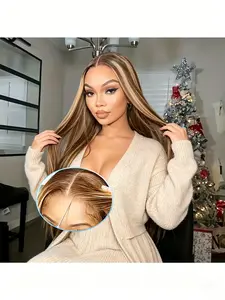 Breathable Summer Daily Wear Ombre Highlight Human Hair Wig, 5X5 Straight 4/27 Honey Blonde Glueless Lace Front Wig, 180% Density Pre-Plucked Baby Hair Easy to Style, Lace Wigs