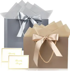 2 count Large  Bag, Birthday  Bag With 2-Color Ribbon, 2 Greeting Cards and 4 Sheets Tissue Paper, Portable Paper  Bag for Birthday Parties, Wedding Parties,  Showers, Christmas