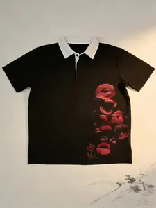 Kiss Mark Lipstick Print Polo Shirt with Contrast White Collar Short Sleeve Casual Street Style Streetwear Top Unique Love Kiss Graphic Design Loose Fit Unisex for Men Women Daily Wear and Date Outfits Menswear