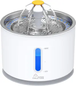 Cat Water Fountain with Stainless Steel Lid, 2.4L/81oz Automatic Cat Fountain with LED Light and Water Level Window for Cats and Dogs