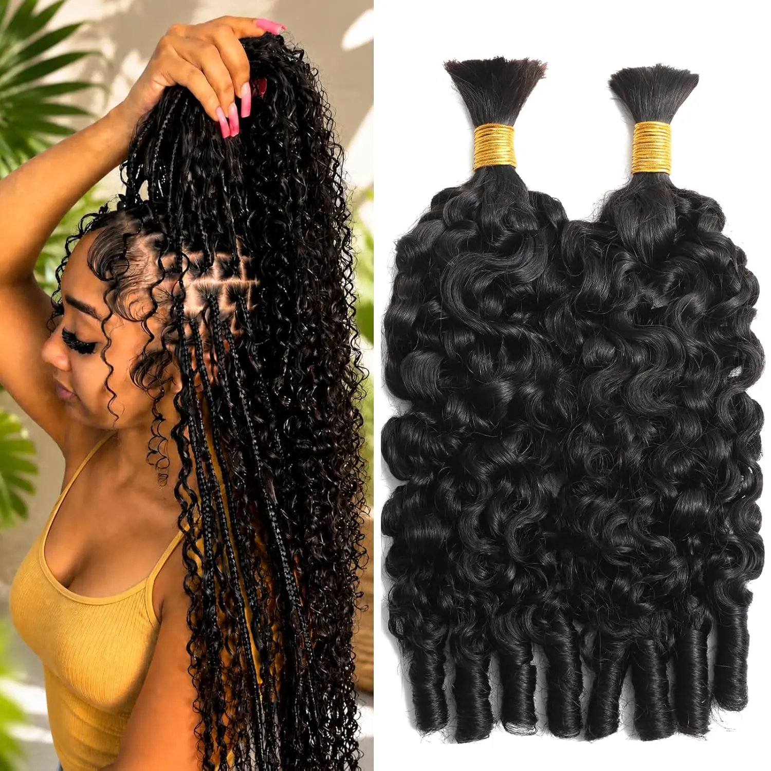 Beauty Queen Burmese Curly Human Braiding Hair for Boho Braids Bulk Human Hair for Braiding Knotless 16A Double Drawn 3C4A Remy Hair Extensions Natural Black 2 Bundles/Pack No Weft