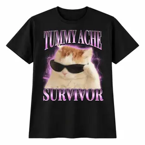 [100% Cotton] Trendy Cat Graphic T Shirt Tummy Ache Survivor Meme Tee For Men Women Teens Gift Idea For Friends Birthday Casual Wear Playful Humor Vibe Comfortable Everyday Outfit Cute Aesthetic Streetwear Positive Mood Style
