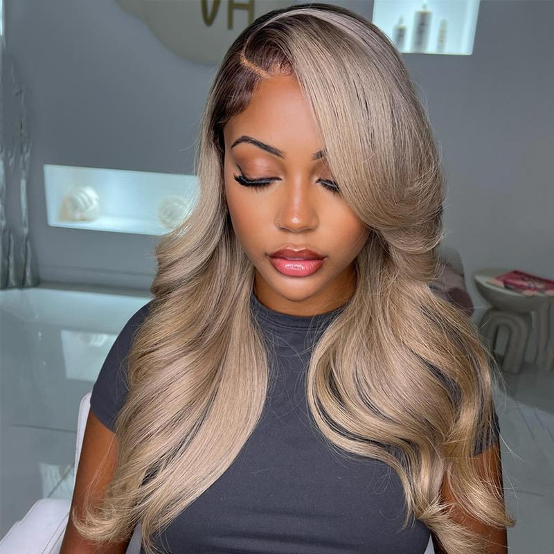 Ombre Grey Ash Blonde With Brown Roots Colored 13X6 Lace Frontal Wig Pre plucked Glueless For Black Girls Hd Transparent Lace Front Human Hair Wigs Natural Hairline Can Be Restyled Suit for Any Occasions