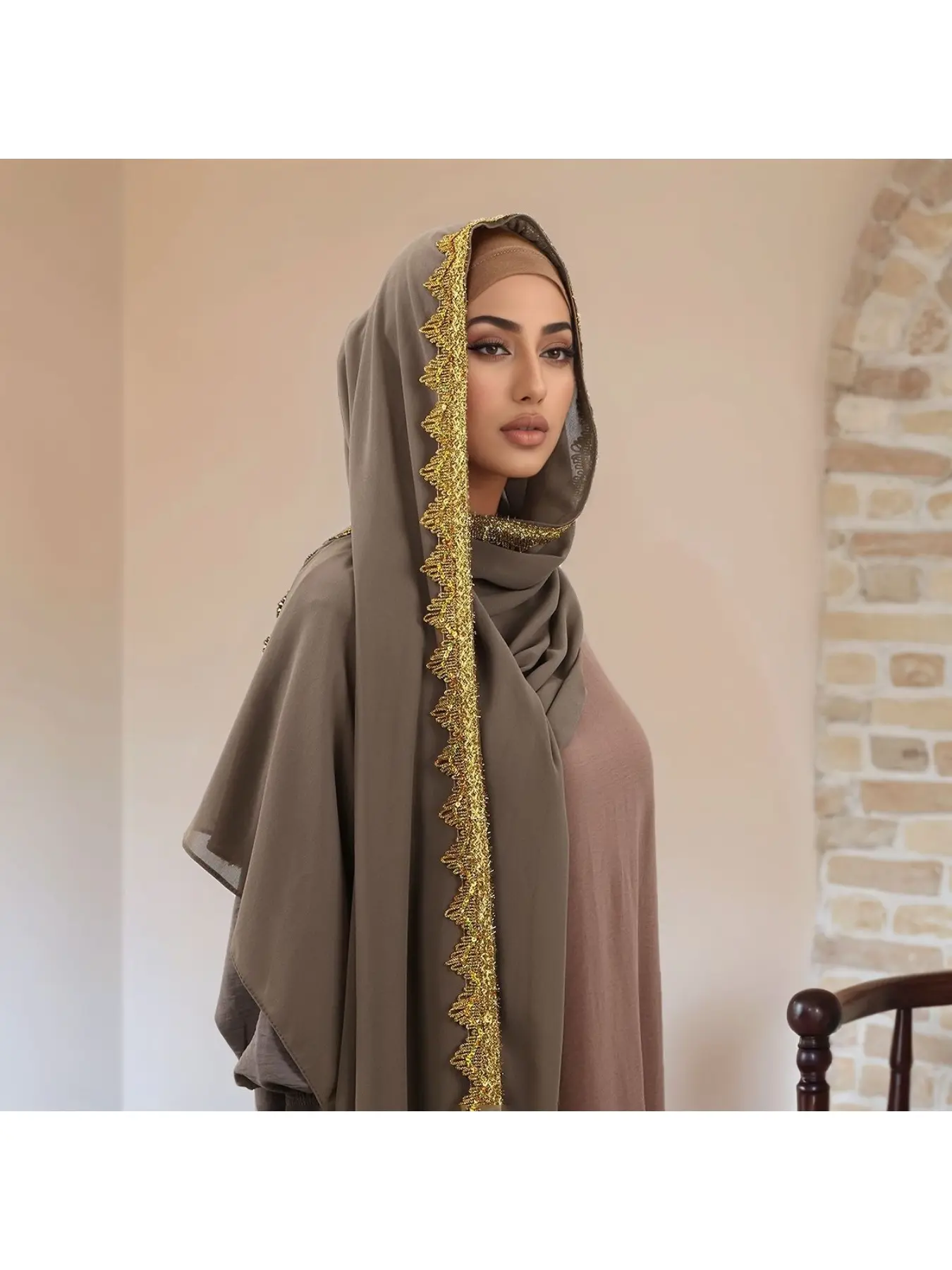 Southeast Asian New Popular Golden Crown Wavy Edge Chiffon Versatile Long Scarf Fashion High-Quality Women's Headscarf Hijab