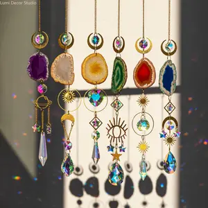 Boho Agate Slice Crystal Suncatcher with Moon & Sun Charms