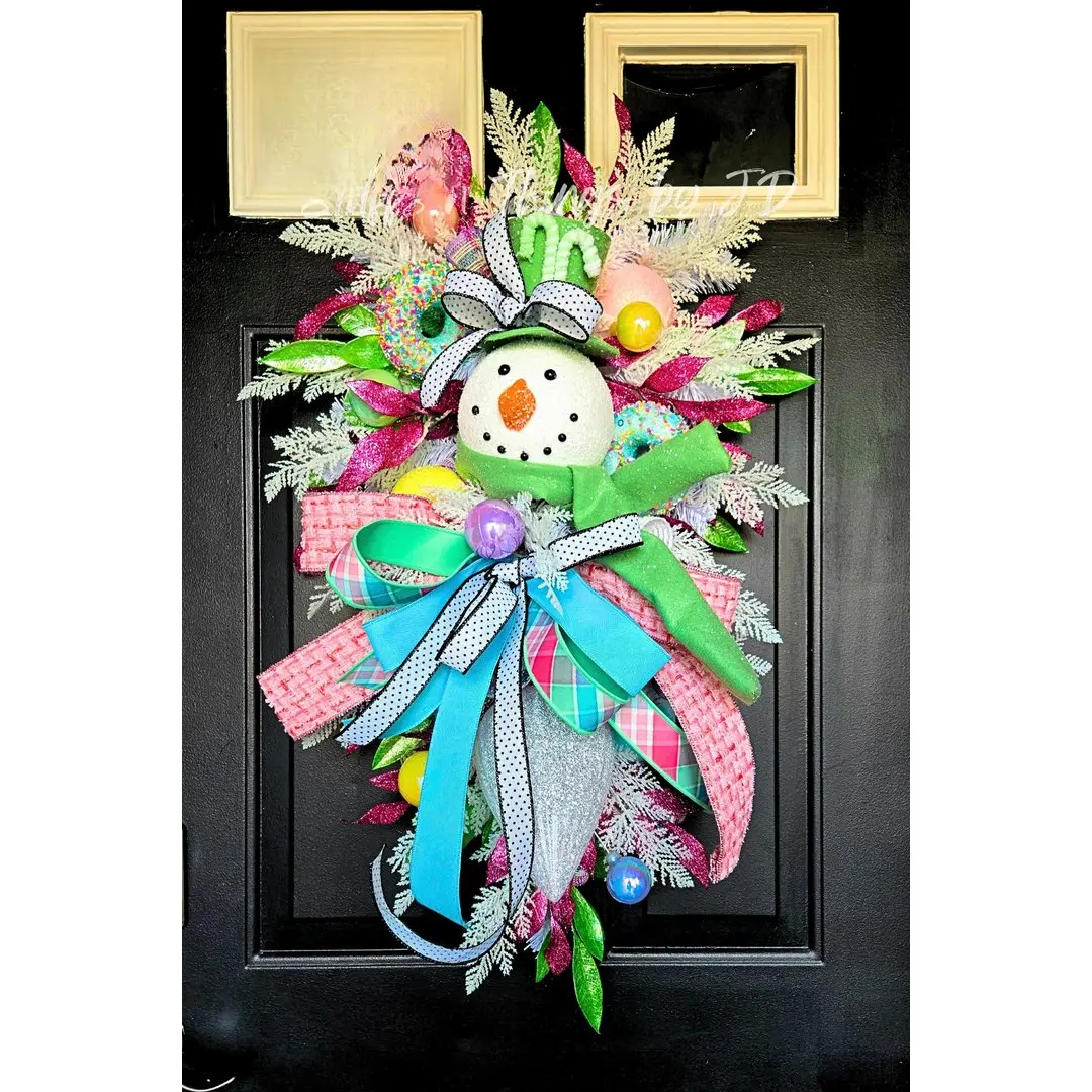 Whimsical Snowman Christmas Swag – Candyland Holiday Door Décor with Bright Colors, Glitter Ornaments & Festive Bows