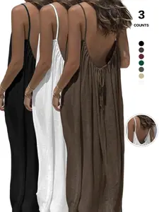 1/3 Pcs Women's Chic Basic Solid Color Backless Cami Dress, Casual Sleeveless Dress for Summer, Ladies Clothes for Beach Holiday Vacation