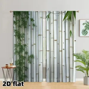 2D Flat 2Pcs Bamboo Forest Window Curtain Panel Green White Nature Theme Home Decor Light Filtering Polyester Fabric Rod Pocket Style Living Room Bedroom Balcony Kitchen Bathroom Curtains Botanical Print Zen Ambiance