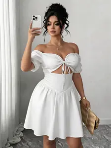 Plus Size Women's One Shoulder Cut Out Short Dress, Bubble Sleeve Waist Cinched Princess Dress, Summer Party Casual Wear