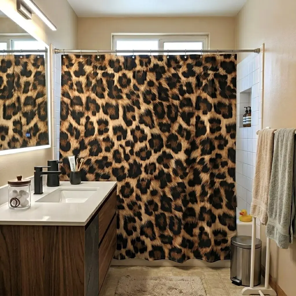 1/4 pcs leopard print Decorative shower curtain set, non-slip floor mat, U-shaped carpet, toilet lid cover, perfect for bathroom and Restroom decoration, partition, beautify the space, free 12 shower curtain hooks, Bathroom Decoration Accessories