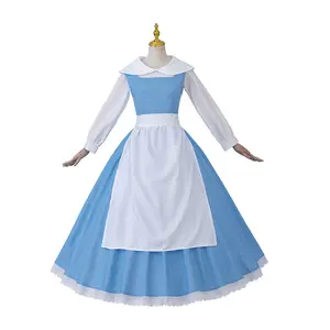 Anime Cosplay Princess Costume Belle Blue Maid Dress for Adult Women Village Party Outfits Halloween Carnival Ball Gown with Bow