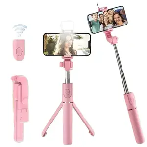 Selfie Stick Phone Holder Vlog Stick with Light Travel Holder Pink Wireless Remote Control Tripod Design for Photography