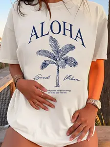 Women's Aloha Good Vibes Palm Tree Graphic T-Shirt, Casual Summer Beach Short Sleeve Tee for Vacation