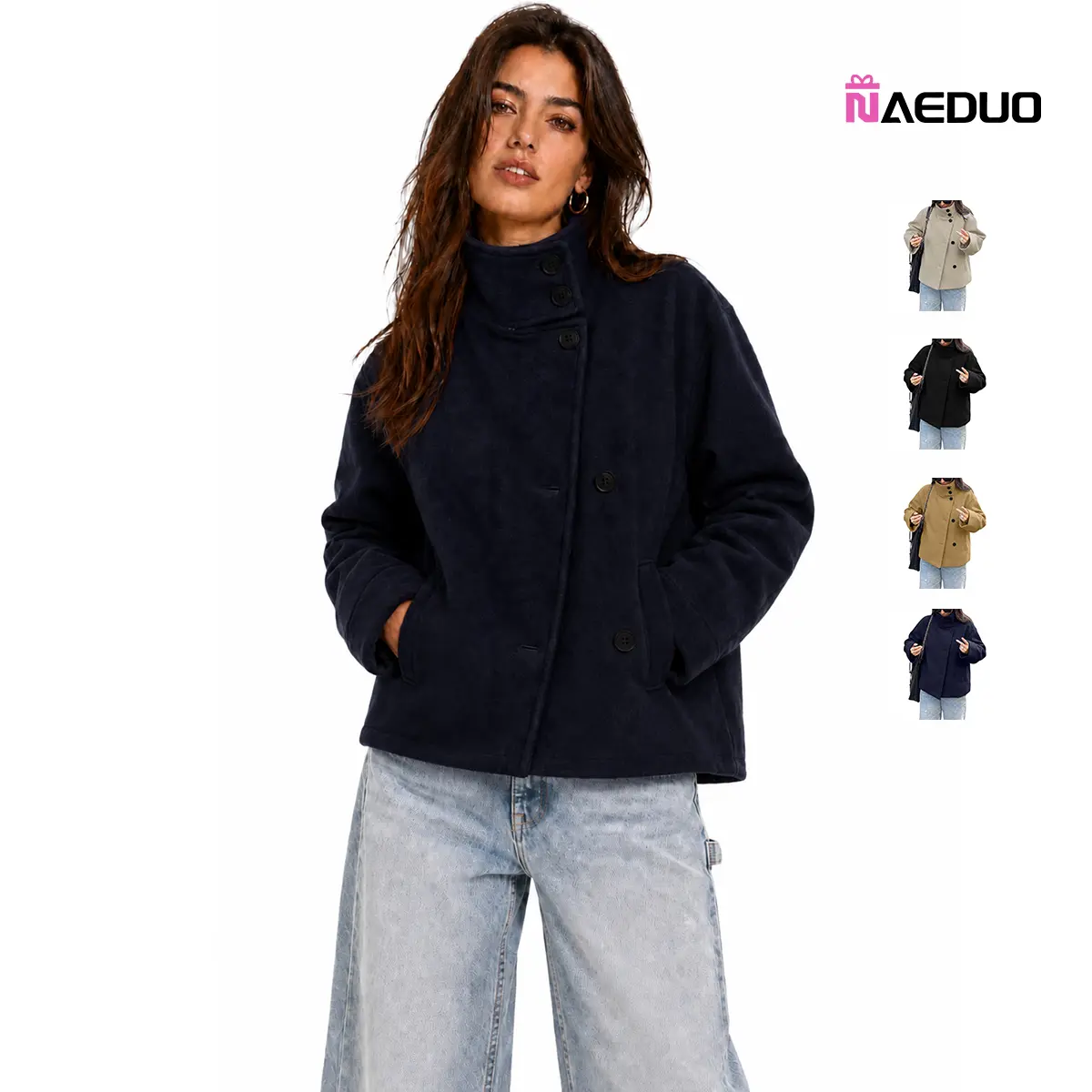 Naeduo Women Stand Collar Cropped Wool Blend Coat, Oversized Asymmetric Button Short Pea Coat with Pockets, Casual Fall Winter Outerwear
