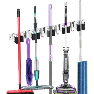 Broom Holder Wall Mount, Broom Organizer Wall Mount Stainless Steel Broom and Mop Hanger Heavy Duty Storage Organization for Home Kitchen Garden Garage Room 5 Racks 4 Hooks