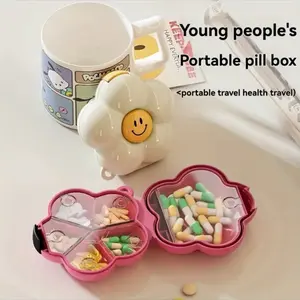 Young People's Cute Flower Portable Pill Organizer Box with Keychain Travel Medicine Case for Health Travel Plastic Healthcare Pink Vitamin Storage