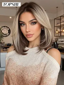 Topshe 13x6 Lace Front Wig, Ombre Black to Brown White Blonde, Short Straight Wigs Hair, Bob Style, Highlight Bob Wig, Half Wigs, Heat Resistant, Comfortable, Natural Look, Easy Wear, Woman Wigs Wig