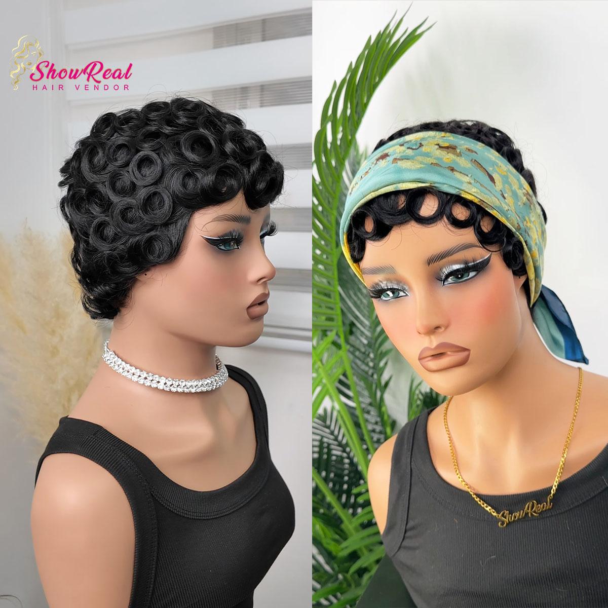 ShowRealHair Chioma Pixie Cut Wigs Pin Curl Pixie Cut Wig for Black Women Short Bomb Curly Wigs Brazilian Virgin Human Hair Short Pixie Cut Glueless Wigs SpringStatements#SummerVibes