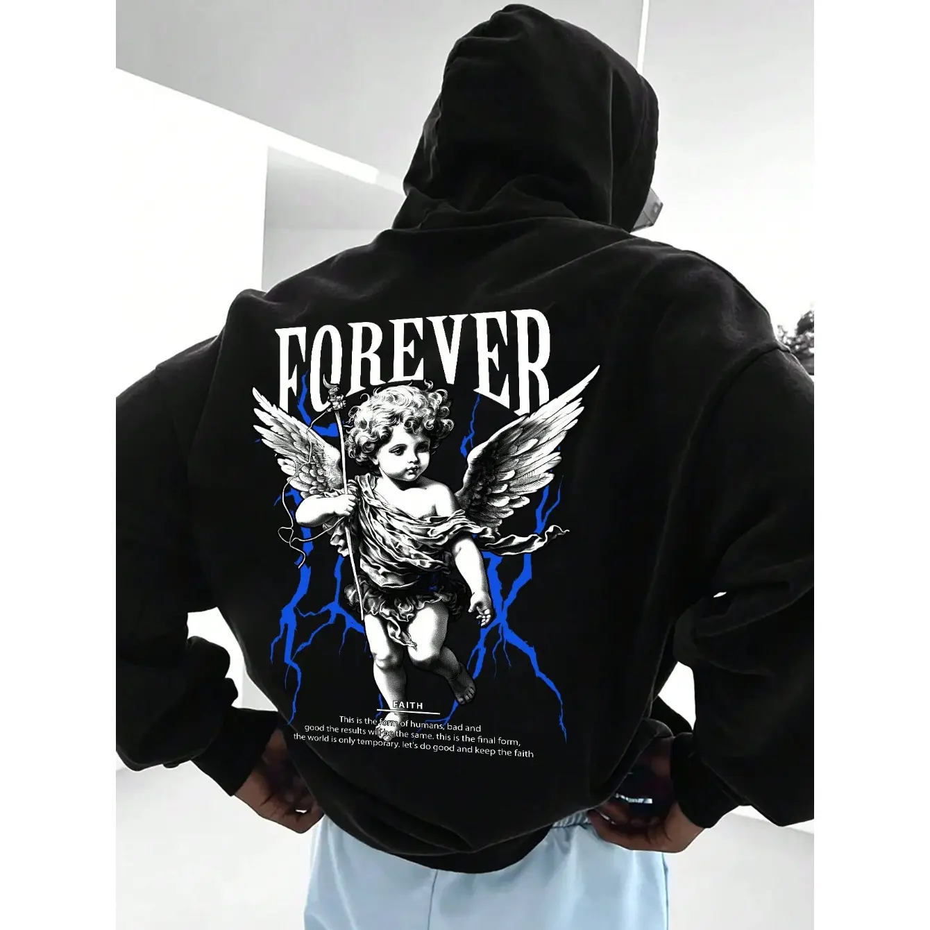 Men's Angel Graphic Pullover Hoodie - 2000s Aesthetic Emo Style Cotton Blend Streetwear Clothing, Fitted Regular Fit Longsleeve Alternative Style Graphic Hoodies for Casual OOTD, Clothes, Print, Cotton Poly