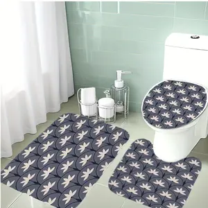 3-Piece Bathroom Mat Set, Deep Blue Base, Light Leaf Pattern, Flannel Material, Non-Slip, Holiday Decoration