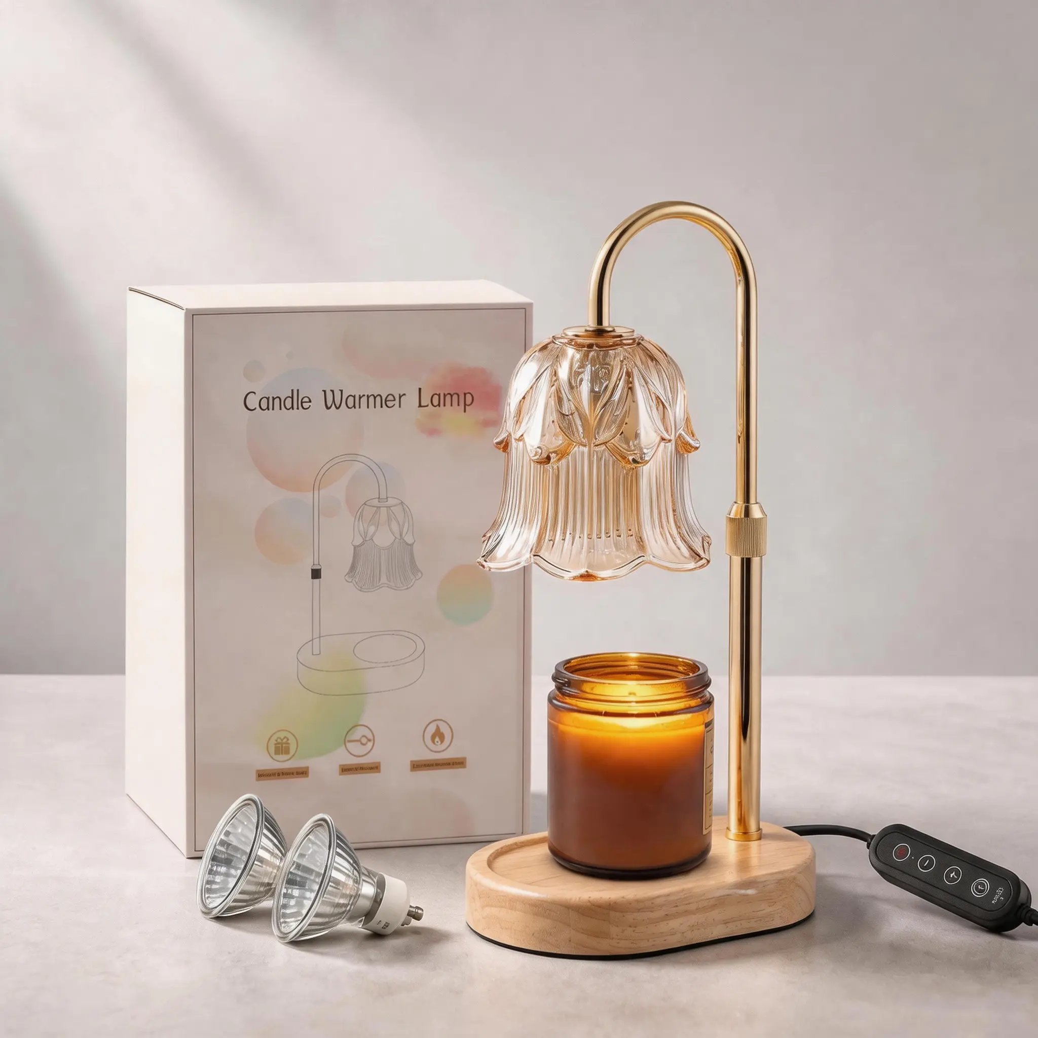 Home decor candle lamp with timer and adjustable brightness, suitable for jar candles; flameless design, eco-friendly and safe; height-adjustable and stable; ideal for bedrooms and living rooms; a great gift choice; metal stand paired with a flower-shaped