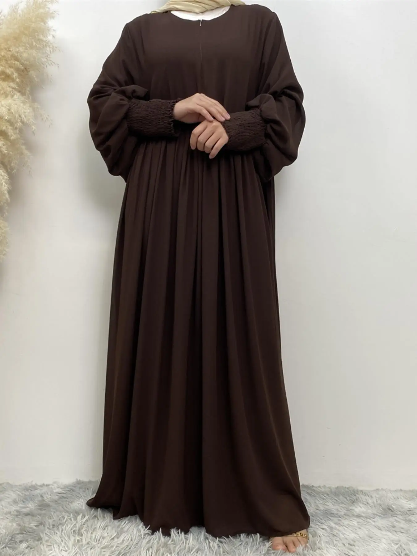 Women's Shirred Long Sleeve Arabian Dress without Hijabs, Elastic Cuffs Long Maxi Chiffon Dress, Elegant Islamic Clothing for Daily Wear Outdoor