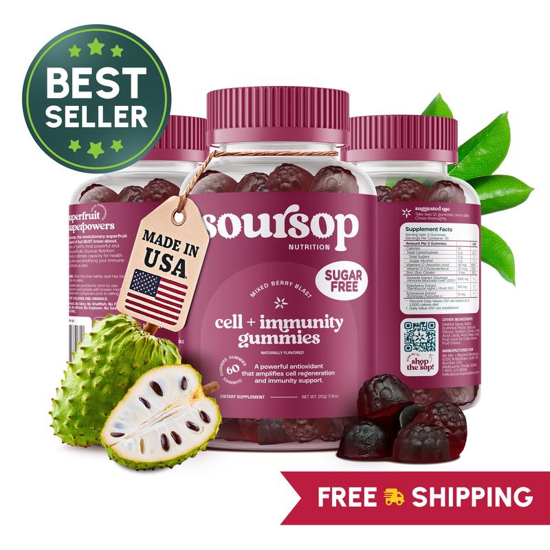 Soursop Nutrition Cell + Immunity Gummies Sugar Free Vitamin C Echinacea Elderberry Daily Wellness Support for Immune Function and Healthy Aging Dietary Supplement
