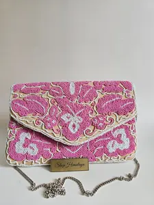 Embroidered Pink & White Floral Clutch Bag 11x7 Inch Elegant Evening Purse with Detachable Silver Chain for Formal Events
