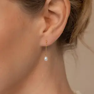 Isha Pearl Drop Earrings by Caitlyn Minimalist - Dainty Diamond & Pearl Chain Earrings - Dangling Pearl Charm Stud Earrings - Elegant Wedding Jewelry - Bride Gift