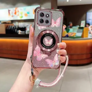 Moto G56 Beautiful Dancing Butterfly Transparent Glitter Shiny Diamond Compilation Strap Lanyard Phone Holder Case with Elegant Cover Compatible with For Motorola Moto G56
