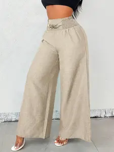 Women's solid color high-waisted elastic wide-leg pants with zipper detailing, featuring a drapey slimming fit; stylish and casual, suitable for sprin and summer, daily wear, commuting, and lounging; Casual Chic Bottoms