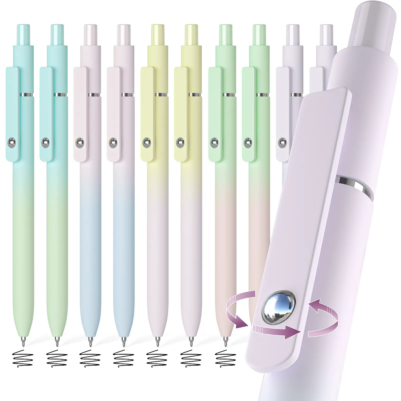 OMEYA 5/10 Pcs Gel Pens, 0.7mm Medium Point Retractable Black Ink Pens, Pastel Gradient Aesthetic Pens with 360° Fidget Roller Clip, Smooth Writing Pens for Journaling, Note Taking, Students, School, Office & Gifts