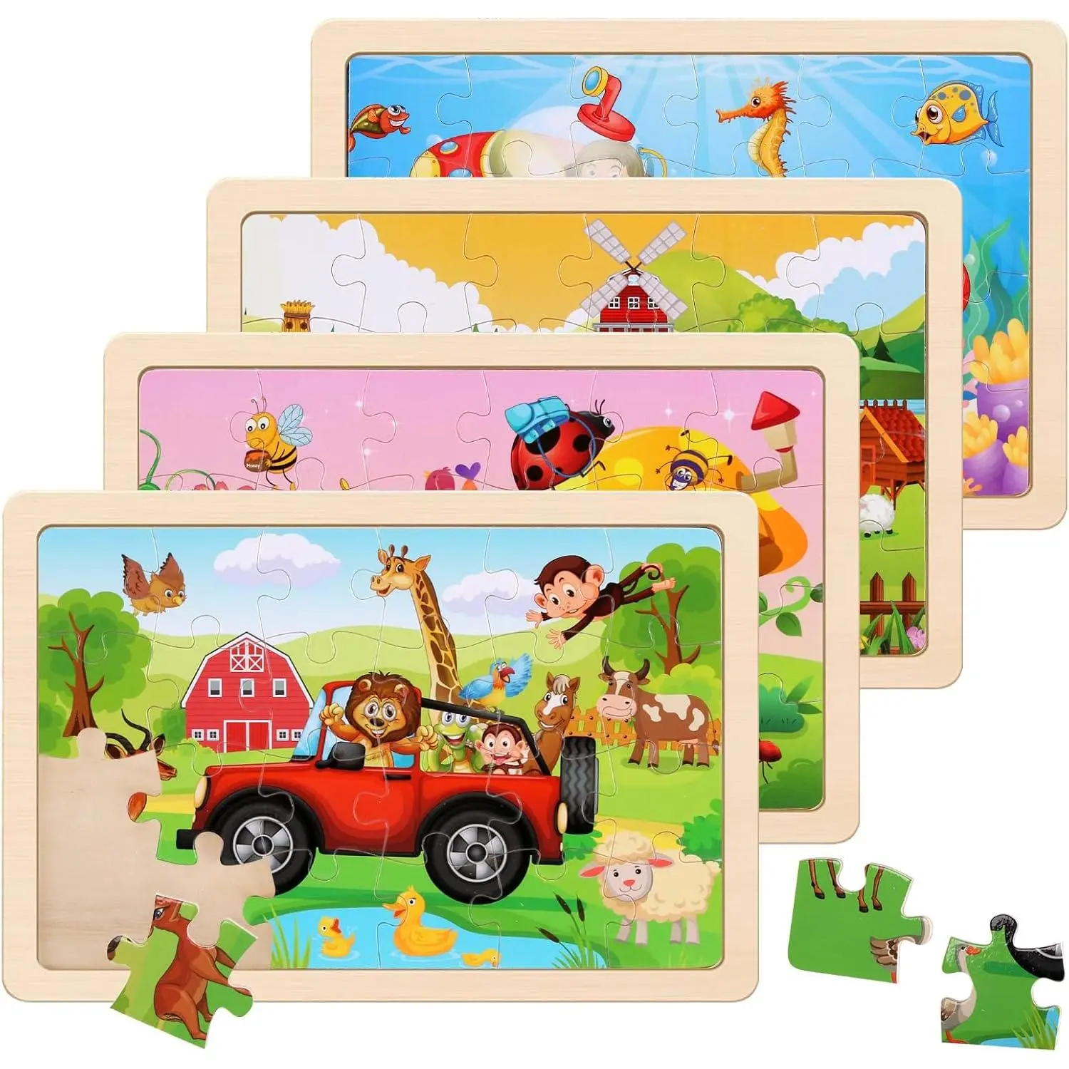 P-ITC056 Wooden Jigsaw Puzzles for Toddlers 3-6, 4-Pack 20-Piece Farm Animal Theme Toys, Easter/Birthday Gifts, Preschool Educational Brain Teasers with Wooden Material for Toddler Learning Activities