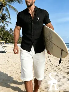 Men's casual stand up collar wrinkled shirt, SR letter print, lightweight and breathable fabric, suitable for beach vacations, daily leisure, urban streets and summer activities, adult men's style
