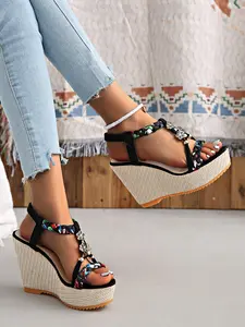 Women's Fashionable Floral Design Wedge Sandals, Boho Style Platform Sandals for Beach Vacation, All-match Commuter Shoes for Work & Daily Wear