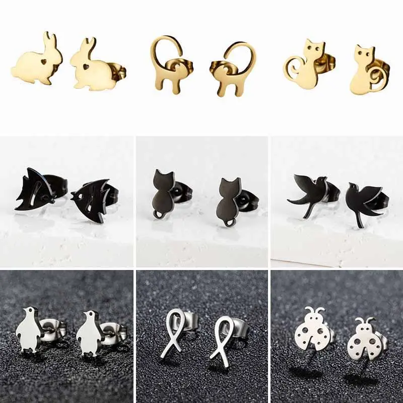 Cartoon Animal Earrings for Women Small Stainless Steel Penguin Cat  Rabbit Fish Stud Earring 2026 Piercing Jewelry Gifts