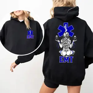 [Made in USA] EMT Hoodie, Blue Star Of Life Edgy Graphic Pullover Hoodie, Double Sided EMT Back Print Oversized Hoodie, First Responder Medical Streetwear, Emergency Medical Gift For EMT Women Men.