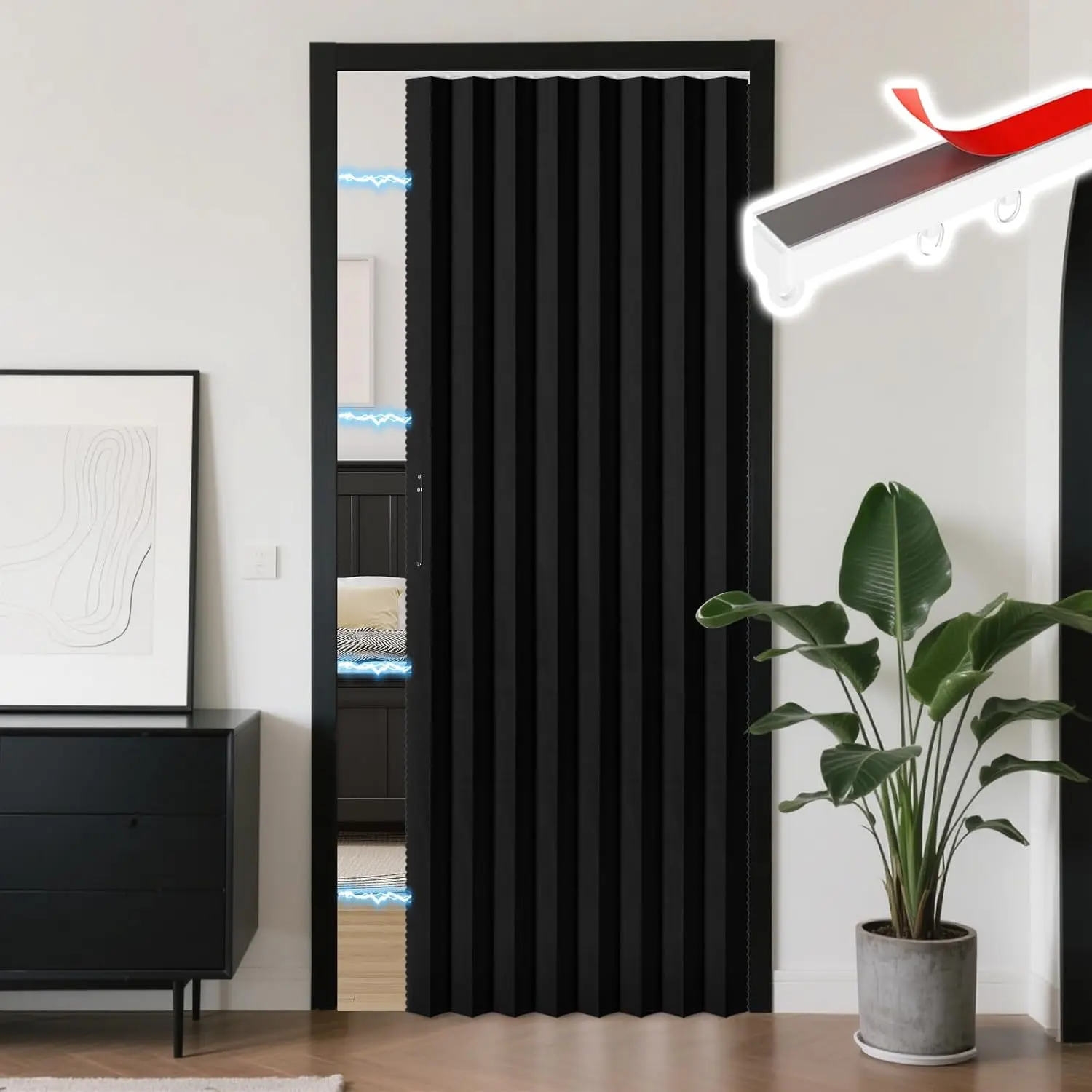 Thick Linen Blackout Pleated Accordion Door - Single Panel, 52x79in, Black, Included Tracks, Easy Installation, Privacy Focus, Machine Washable (Do Not Bleach), Bedroom Decor, Nurseries, Indoor Closet Divider